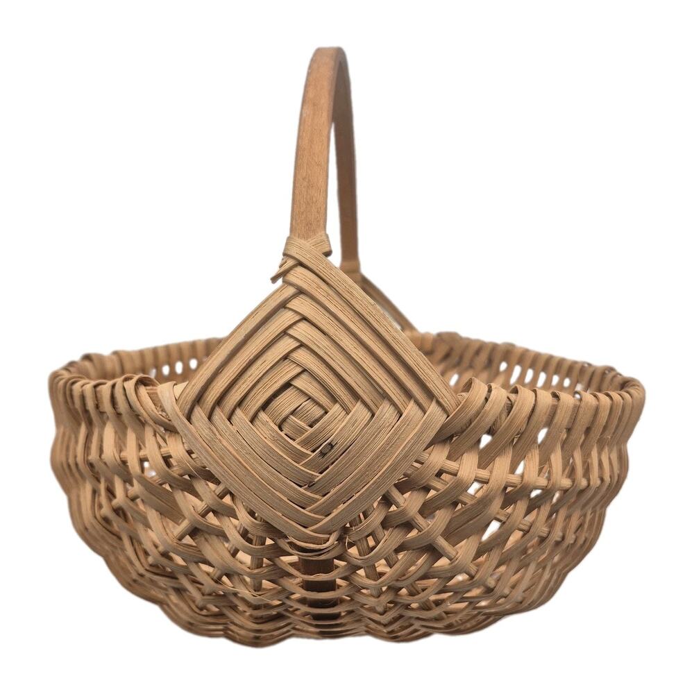 Vintage Handcrafted Buttocks Egg Gathering Basket Eye-of-God Detail 11x10"